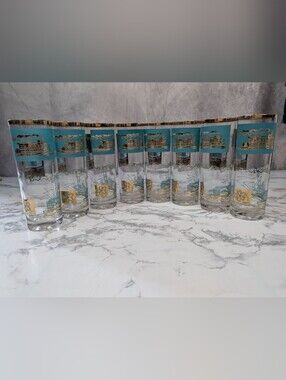 Vintage MCM Nebraska Gold & Turquoise Highball Glasses - Set of 8